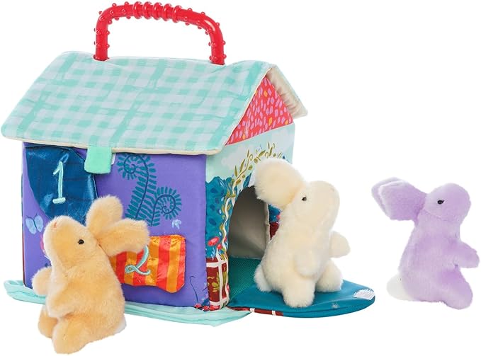 Manhattan Toy Cottontail Cottage Fill and Spill Baby and Toddler Sensory Activity Toy with 3 Stuffed Animal Bunny Rattles