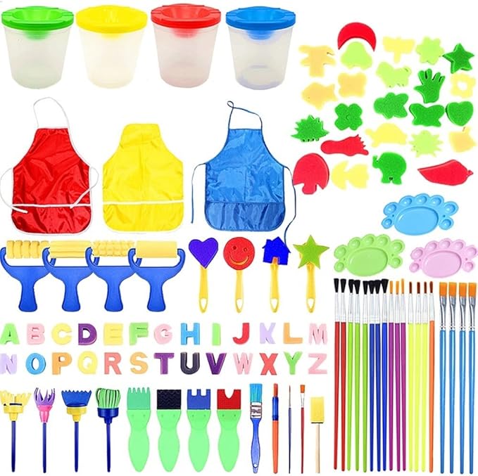 Paint Brushes for Kids with No Spill Paint Cups with Colored Lids and Art Smock 100PCS Brush Set,Kids Paint Brushes Toddler Paint Brushes Watercolor for Preschool Washable Paint Acrylic Paint