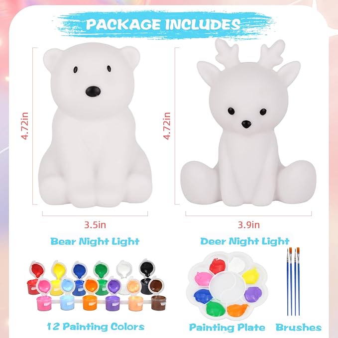 HOUDI Kids Stocking Stuffers for Girls, Bear Deer Kids Painting Set Night Light, Christmas Arts and Crafts for Kids Ages 8-12, Painting Kit for Kids 6-12, Gifts for Boys, 3 4 5 6 7 Year Old Girl Gifts