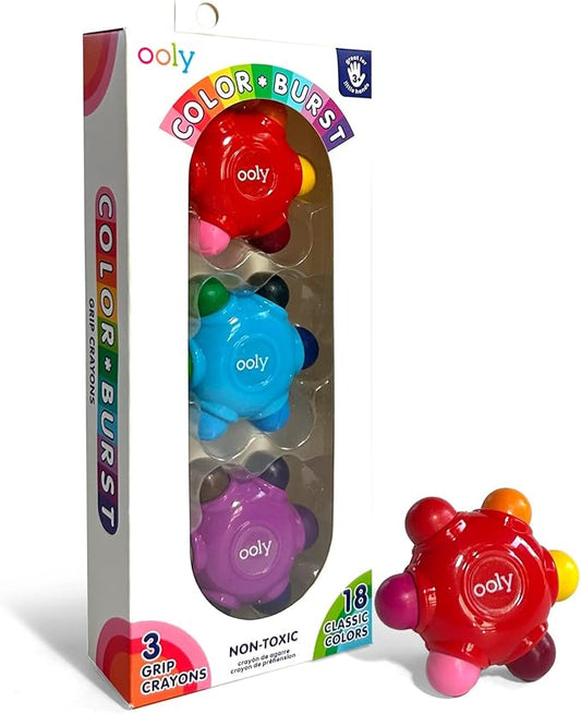 Ooly Color Burst Grip Crayon for Toddlers and Little Hands, Set of 3 Crayons with 18 Classic Colors, Non-Toxic Easy to Grip Shaped and Easy to Hold Crayons for Young Kids