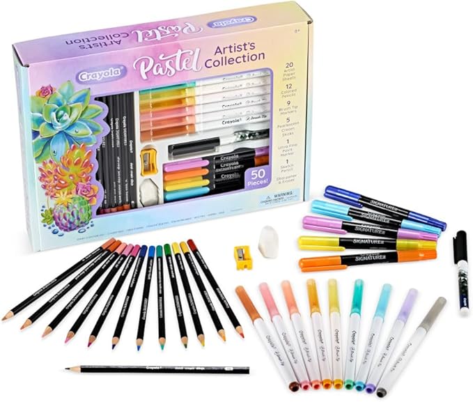 Crayola Pastel Colors Art Kit (50pcs), Kids Art Set with Pastel Markers & Pencils, Art Kit for Girls & Boys, Gift for Kids, 8+