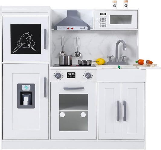 Kids Kitchen Playset, Wooden Chef Pretend Play Set with 20 PCS Cookware Accessories, Wooden Cookware Pretend with Ice Maker, Microwave, Oven, Range Hood, Sink, Real Lights & Sounds，White