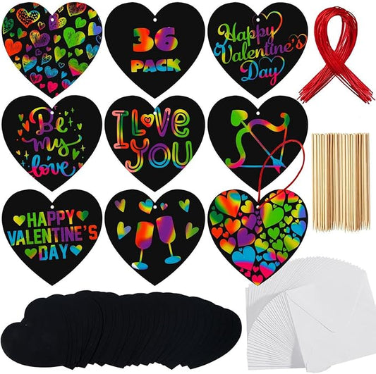 JOYIN 60 Packs Valentines Day Gifts Cards with Scratch Heart for Kids Magic Color Scratch Paper Heart Rainbow Cards for Valentine Crafts and Art Classroom Exchange, Party Favors