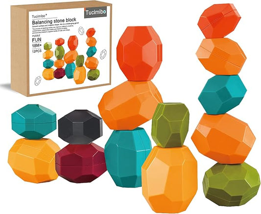 Jumbo Balancing Stones Toy Set, Polyhedral Plastic Stacking Rocks Educational Creative Preschool Arts Learning Sensory Building Blocks Puzzle Toy for Toddler