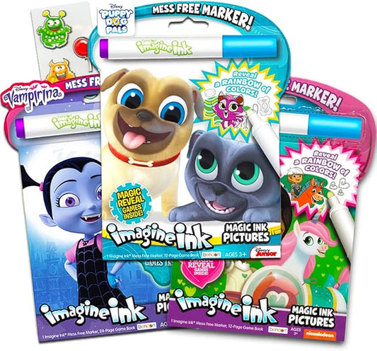 Disney Magic Ink Coloring Book Set for Girls Toddlers Kids - Bundle of 3 Imagine Ink Books Featuring Disney Junior Vampirina, Puppy Dog Pals, and Nella The Princess Knight with Invisible Ink Pens