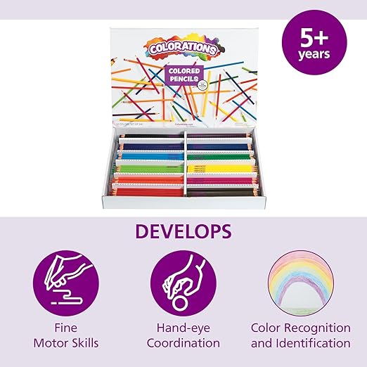Colorations Color Pencils, Set of 240, Pre-sharpened Color Pencils,12 Colors,Thick Core Pencils,Hexangonal Shape,Sustainably Harvested Wood Pencils, Classroom Supplies,Coloring Pencils,Drawing Pencils