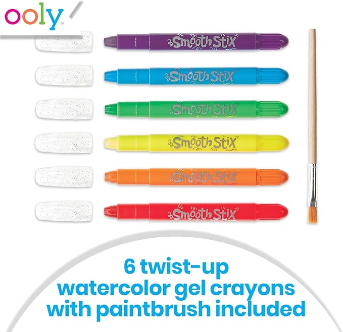 Ooly Smooth Stix Gel Crayons for Kids and Adults with Paint Brush - Set of 6 Watercolor Rainbow Crayons for Glass and Paper with Clear Plastic Crayon Case - Easy To Clean Twist-Up Gel Crayon Set