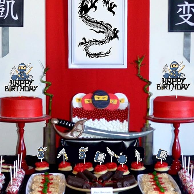 Samurai Ninja Cake Toppers, 7 Pcs Set Kids Happy Birthday Dart Decorations, Ninja Themed Birthday Party for Boys or Girls, Ninja Martial Arts Karate Party, or Baby Shower Party Decorations. SugarGera