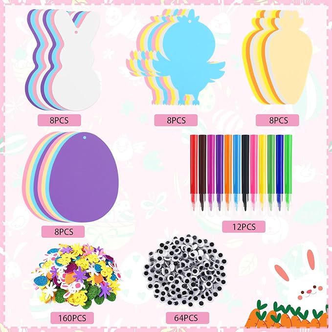 JULBEAR Easter Foam Crafts for Kids, 260 Pcs Foam Easter Foam Stickers Egg Rabbit Carrot Chick Arts and Crafts Kits, DIY Stickers Set for Kids Party Favors Supplies