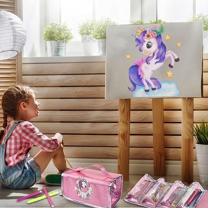 Fruit Scented Markers Set 56 Pcs with Unicorn Pencil Case, Gifts for Girls Ages 4-6-8, Supplies for Kids Art and Craft Coloring