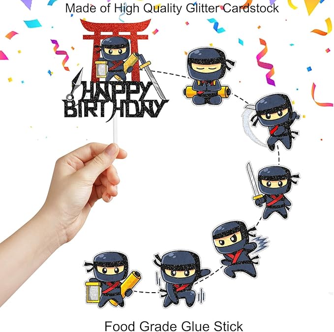 Ninja Warrior Cake Topper Set of 7 Happy Birthday Samurai Sword Fei Decorations, Boy or girl Ninja theme birthday party, martial arts karate party, or baby shower party decorations. SugarGera