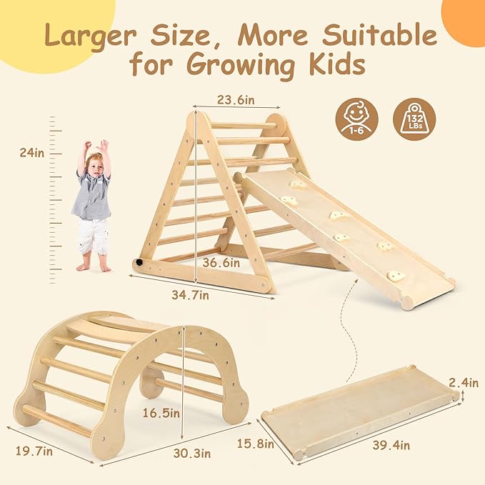 Dripex Pikler Triangle Set, Sturdy Climbing Toys for Toddlers 1-3 Inside, Large Indoor Playground Jungle Gym Playset with Slide & Arch Rocker, Premium Early Learning Toddler Climbing Toys Indoor