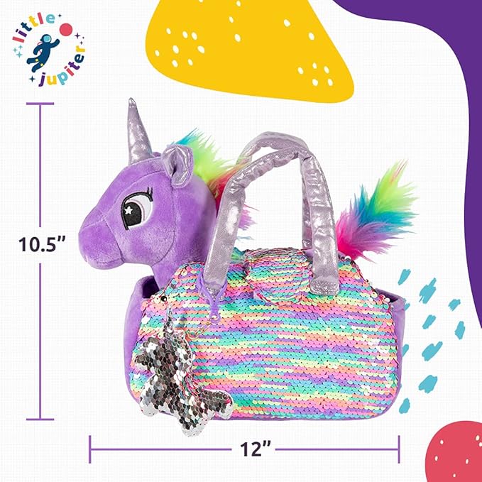 Little Jupiter Plush Pet Set - Unicorn Toys - Unicorns Gifts for Girls - Stuffed Animal for Kids - Unicorns - Plush Toy - w/Reversible Sequins & Charm (Purple Rainbow Unicorn) Age 4-5 - 6-7 yr