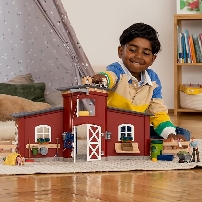 Schleich Farm World Animal Farm Playset with Figurine and Accessories - 92pc Kids Animal Farm Playset with Cow, Horse, Pig, Bull, and Accessories for Boys and Girls, Gift for Kids Age 3+, Red