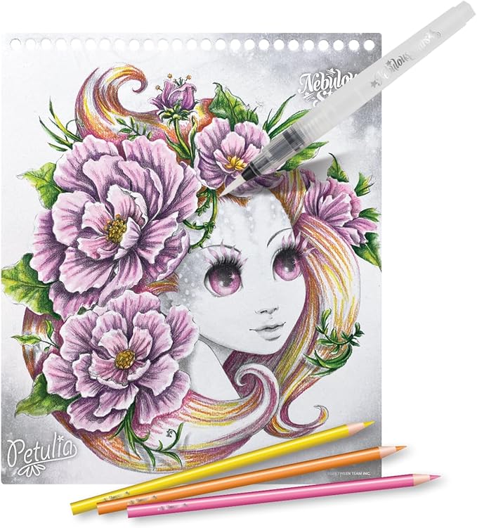 Nebulous Stars Watercoloring Book Set Featuring Estrelia – 20 Unique Illustrations, 15 Watercolor Pencils, Refillable Brush, and Artistic Tools for Kids Ages 7+