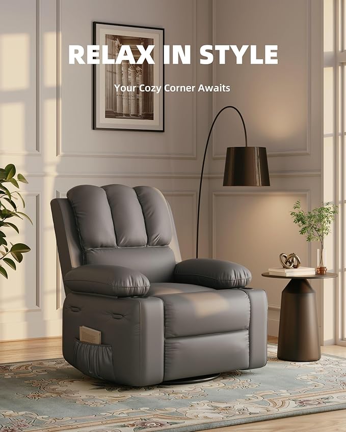 27'' Leather Recliner Chair Oversized, Overstuffed Manual Recliner Chair, Single Sofa for Adults, with Cup Holder and Side Pockets, for Living Rooms, Max Weight 400 lbs, Gray