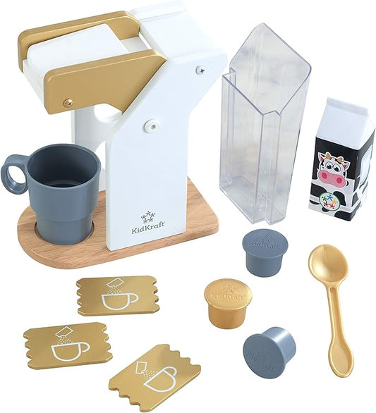 KidKraft Metallic Toy Coffee Maker with Capsules, Accessory for Kids' Kitchen, Wooden Toy Kitchen Appliance Set for Kids, Play Kitchen Accessories, Kids' Toys, 53538