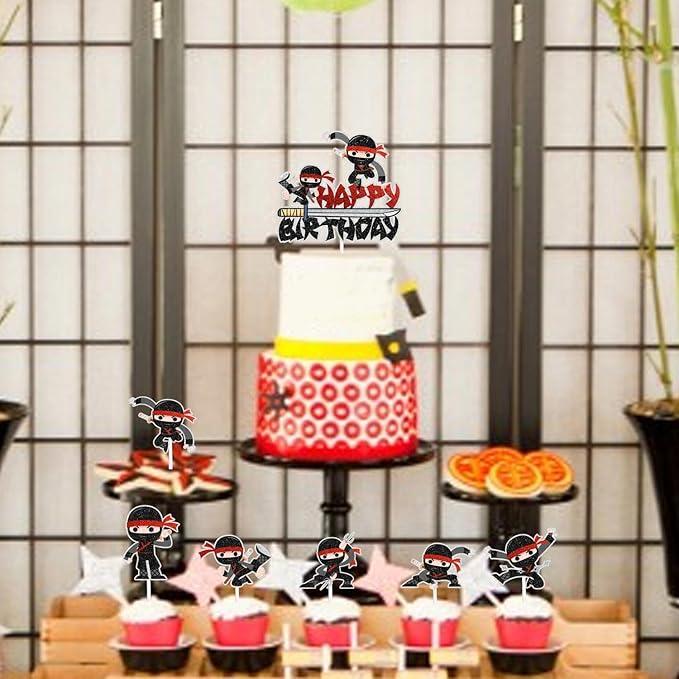 Samurai Ninja Cake Toppers 7-Piece Happy Birthday Decorations, Boy or Girl Ninja Themed Birthday Party, Martial Arts Karate Party or Baby Shower Party Decorations. SugarGera
