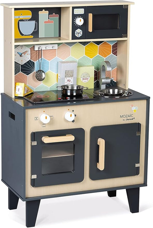 Janod - Mozaïc Big Cooker - Play Kitchen for Children - Children's Kitchen with Sound and Light - Wooden Kitchen with 3 Accessories + 3 Food Boxes - from 3 Years - J06609