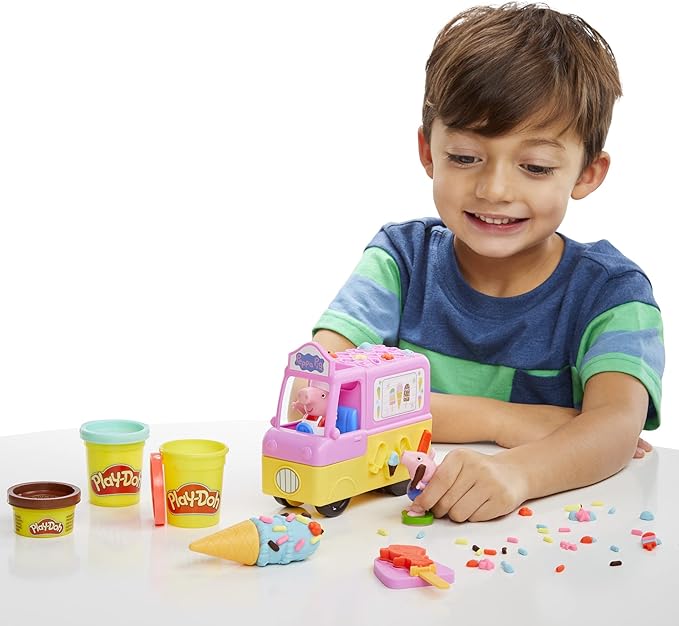 Play-Doh Peppa's Ice Cream Playset with Truck, Peppa Pig and George Figures, and 5 Non-Toxic Modeling Compound Cans, Toy for Kids 3 Years and Up