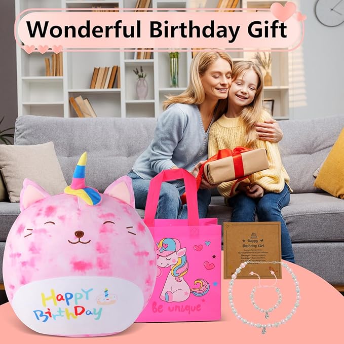 duellen 12'' Original Rainbow Birthday Unicorn Plush Pillow Soft Plush Toy Cute Pink Unicorn Stuffed Animal, Birthday Gifts for Kids Toddlers with Unicorn Necklaces, Bracelets and Gift Bag