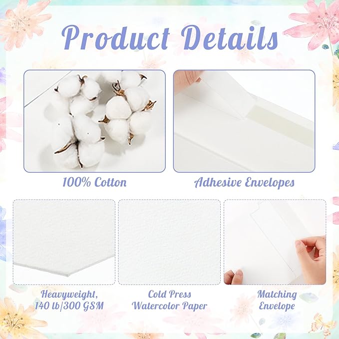 Prudiut 60 Sets Watercolor Paper with Envelopes, 140 lb/300 GSM NOT FOLDABLE Watercolor Paper Cards Blank Watercolor Postcards for Christmas Greeting Cards, Wedding Invitations, Thank You Cards