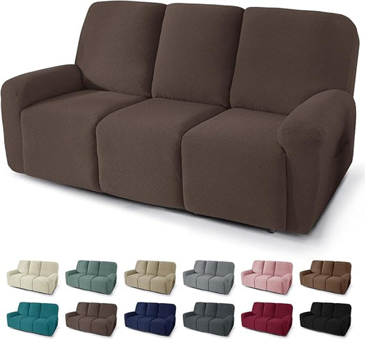 JIVINER 5 Pieces Recliner Sofa Covers Stretch Recliner Sofa Slipcover with Elastic Bottom Jacquard Fitted Reclining 3 Cushion Couch Cover Furniture Protector with Pockets (3 Seater, Coffee)