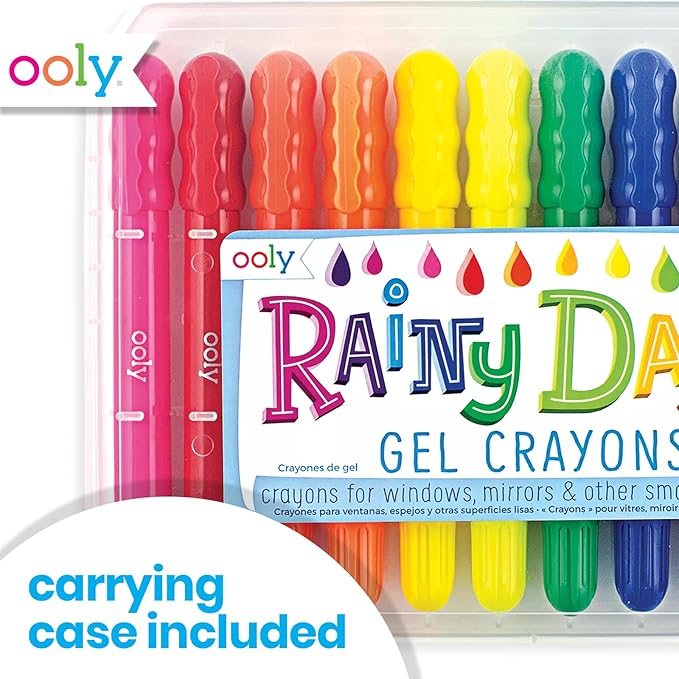 Ooly Rainy Dayz Gel Crayons for Kids - Set of 12 Rainbow Color Crayons for Glass and Paper Surfaces with Clear Plastic Crayon Case for Easy Portability - Safe and Non-Toxic