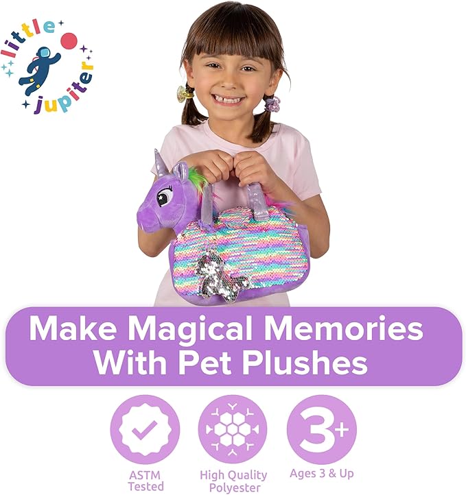 Little Jupiter Plush Pet Set - Unicorn Toys - Unicorns Gifts for Girls - Stuffed Animal for Kids - Unicorns - Plush Toy - w/Reversible Sequins & Charm (Purple Rainbow Unicorn) Age 4-5 - 6-7 yr