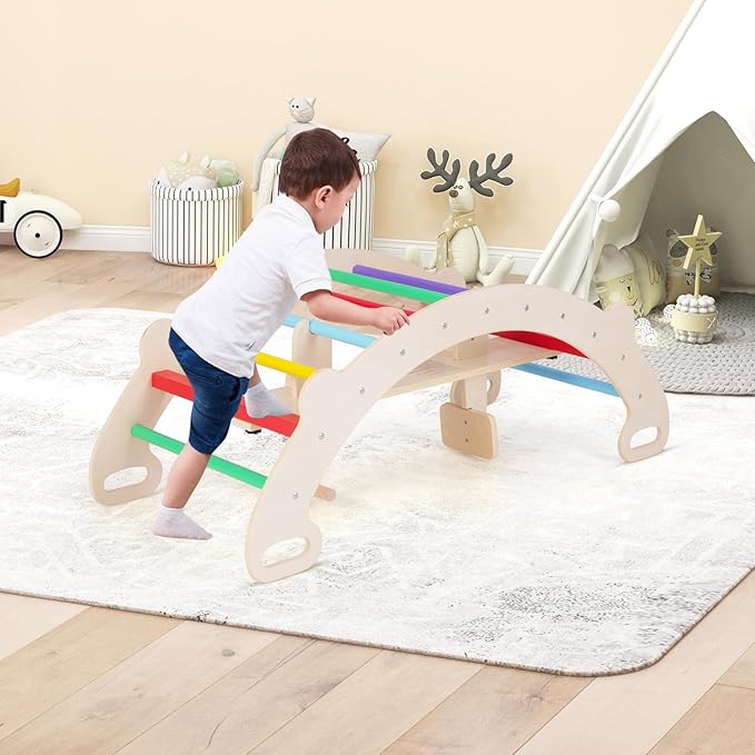 HONEY JOY Wooden Rocking Climbing Arch, 4-in-1 Montessori Kids Arch Rocker Climber Ladder for Rocking Horse, Children Indoor Outdoor Gym Learning Playset, Playground Climbing Toys for Toddlers Gift