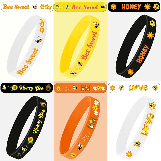 JUNEBRUSHS 42pcs Bee Party Favors Silicone Bracelets Bee Theme Rubber Wristbands Accessories for Students Boy Girl Bee Birthday Baby Shower Party Favors Decorations Supplies(3 Designs)