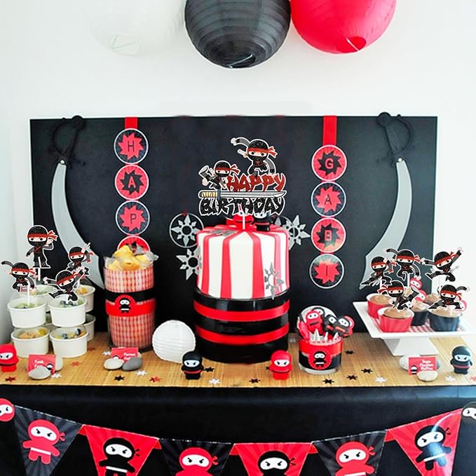 Samurai Ninja Cake Toppers 7-Piece Happy Birthday Decorations, Boy or Girl Ninja Themed Birthday Party, Martial Arts Karate Party or Baby Shower Party Decorations. SugarGera