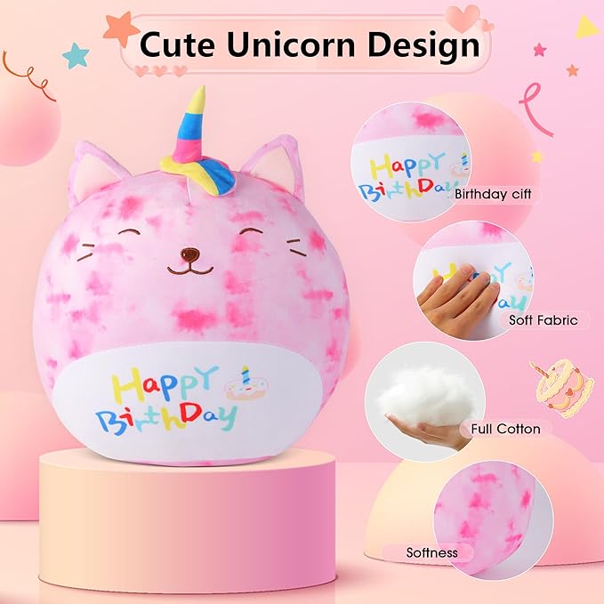 duellen 12'' Original Rainbow Birthday Unicorn Plush Pillow Soft Plush Toy Cute Pink Unicorn Stuffed Animal, Birthday Gifts for Kids Toddlers with Unicorn Necklaces, Bracelets and Gift Bag