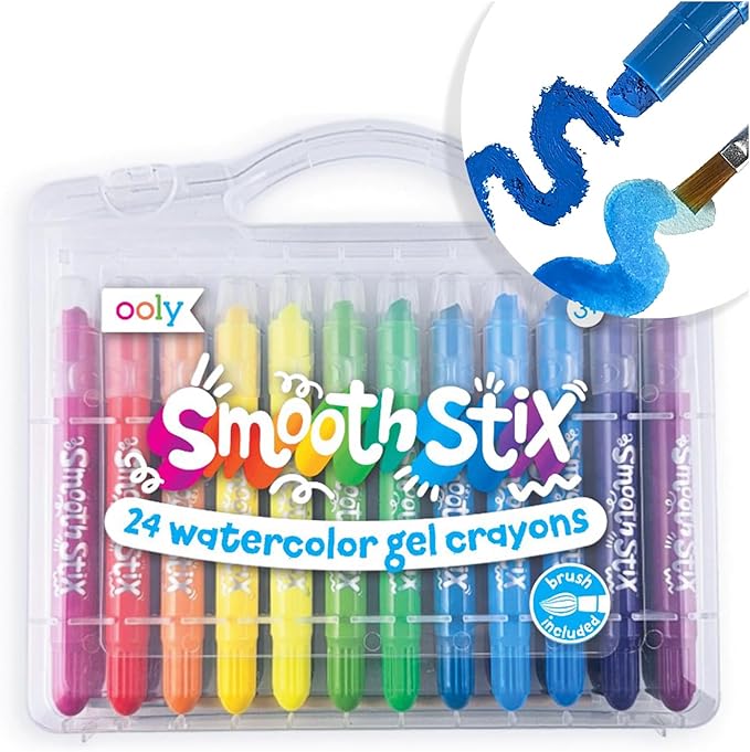 Ooly Smooth Stix Gel Crayons for Kids and Adults with Paint Brush - Set of 24 Watercolor Rainbow Crayons for Glass and Paper with Clear Plastic Crayon Case - Easy To Clean Twist-Up Gel Crayon Set