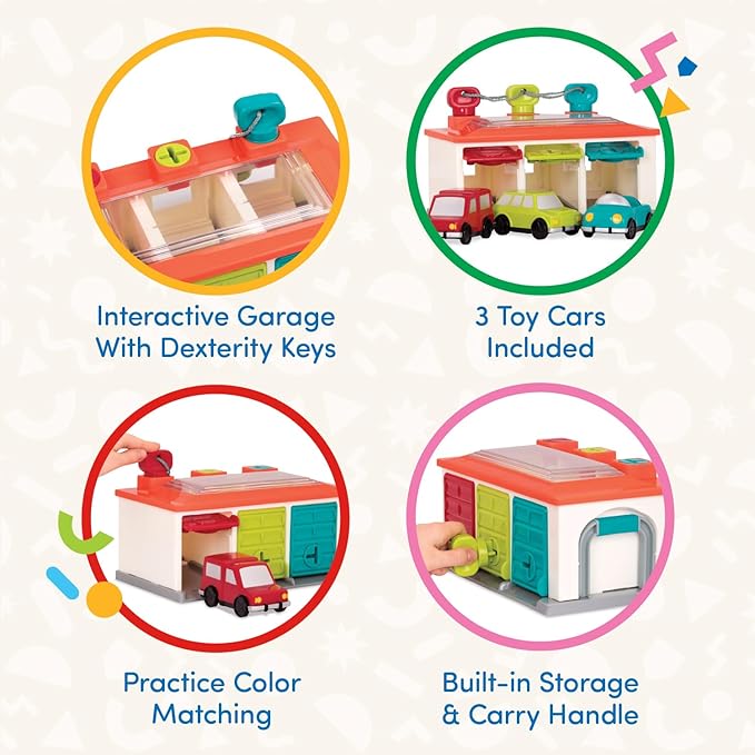 Battat – Car & Color Sorting Playset – Cause-And-Effect Toy – Push & Go Cars – Color-Coded Matching – 2 Years + – 3-Car Garage