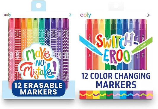 Ooly Switch-eroo Color Changing and Make No Mistakes Erasable 24 Dual Tip Markers, 12 Color Change Markers, 12 Erasable Markers for Kids Art Supplies, Chisel Tip Markers