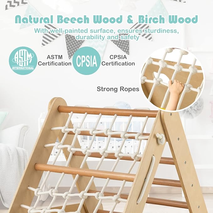 HONEY JOY 4-in-1 Triangle Climber with Ramp, 3-Side Kids Climbing Triangle Ladder with Net Rope & Bars, Wooden Montessori Climbing Toys for Toddlers Daycare, Gym & Playground, Gift for Boys Girls
