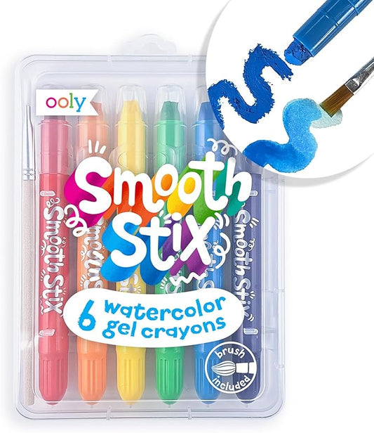 Ooly Smooth Stix Gel Crayons for Kids and Adults with Paint Brush - Set of 6 Watercolor Rainbow Crayons for Glass and Paper with Clear Plastic Crayon Case - Easy To Clean Twist-Up Gel Crayon Set