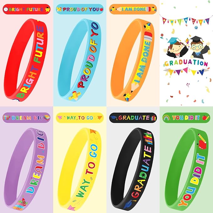 JUNEBRUSHS 42pcs Kindergarten Preschool Graduation Party Favors Silicone Bracelets Rubber Wristbands Supplies for Class of 2024 Graduation Kindergarten Preschool Party Favors Accessories