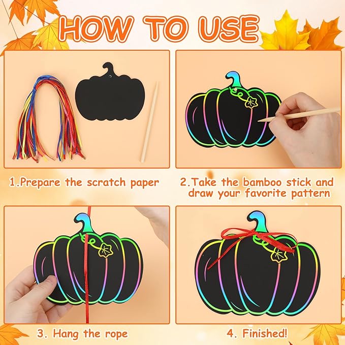 JULMELON 36Pcs Thanksgiving Arts and Crafts for Kids, Fall Leaves Pumpkin Turkey Magic Rainbow Scratch Paper Art for Kids School Classroom Activity Autumn Harvest Thanksgiving Party Favors Gifts