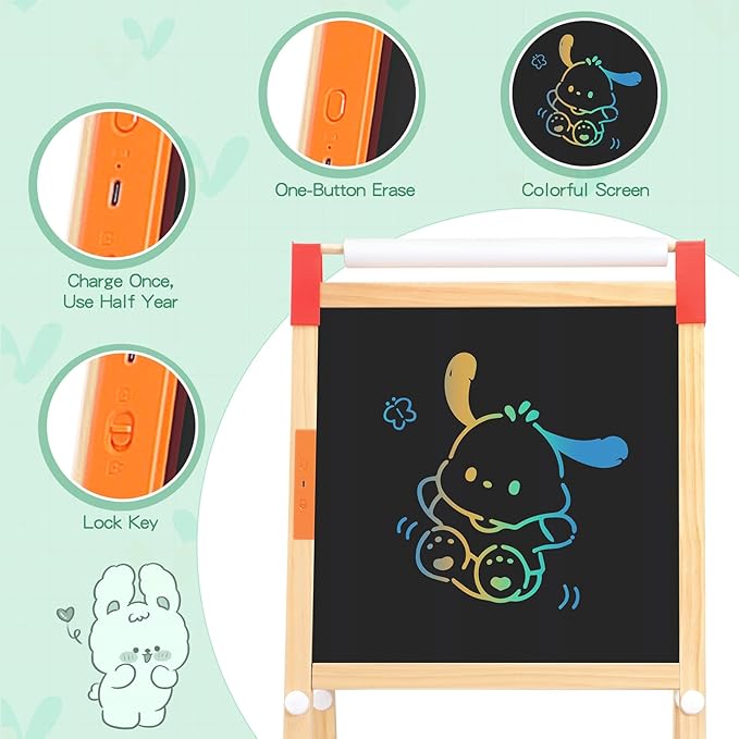 GAOMON Art Easel for Kids, Wooden Dry Erase Easel w/Large LCD Board & Magnetic Whiteboard, Paper Roll, Adjustable Height & Accessories, Double-Sided Drawing Standing Easel for Boy Girl Aged 3+