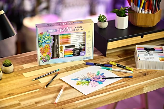 Crayola Pastel Colors Art Kit (50pcs), Kids Art Set with Pastel Markers & Pencils, Art Kit for Girls & Boys, Gift for Kids, 8+