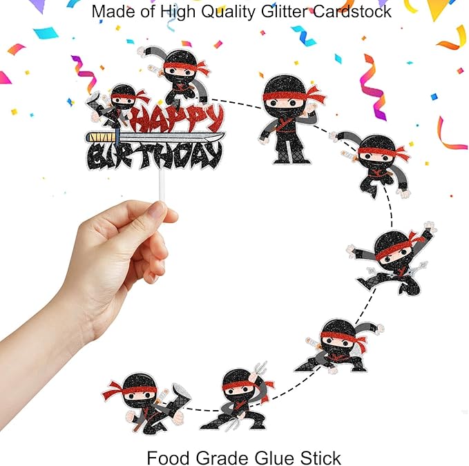 Samurai Ninja Cake Toppers 7-Piece Happy Birthday Decorations, Boy or Girl Ninja Themed Birthday Party, Martial Arts Karate Party or Baby Shower Party Decorations. SugarGera