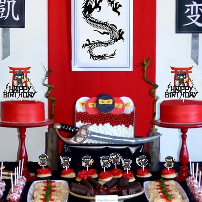 Ninja Warrior Cake Topper Set of 7 Happy Birthday Samurai Sword Fei Decorations, Boy or girl Ninja theme birthday party, martial arts karate party, or baby shower party decorations. SugarGera