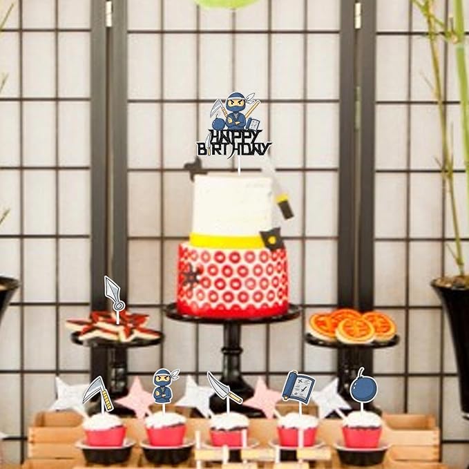 Samurai Ninja Cake Toppers, 7 Pcs Set Kids Happy Birthday Dart Decorations, Ninja Themed Birthday Party for Boys or Girls, Ninja Martial Arts Karate Party, or Baby Shower Party Decorations. SugarGera