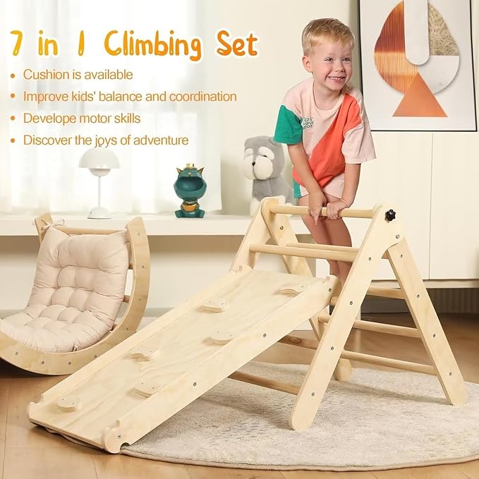 Pikler Triangle Set with Cushion, 7 in 1 Toddler Climbing Toys Indoor, Montessori Foldable Climbing Set, Wooden Climbing Toys for Toddlers 1-3 Inside with Ramp, Arch and Ladder (Nature Wood)