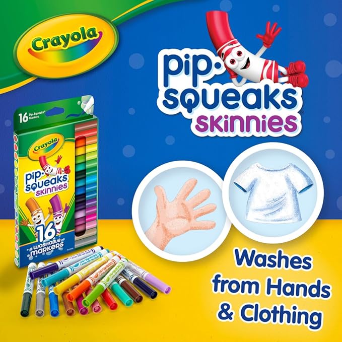 Crayola Washable Pip Squeaks Skinnies Markers (16ct), Mini Markers for Toddlers, Coloring Book Markers, Toys & Gifts for Kids, 3+