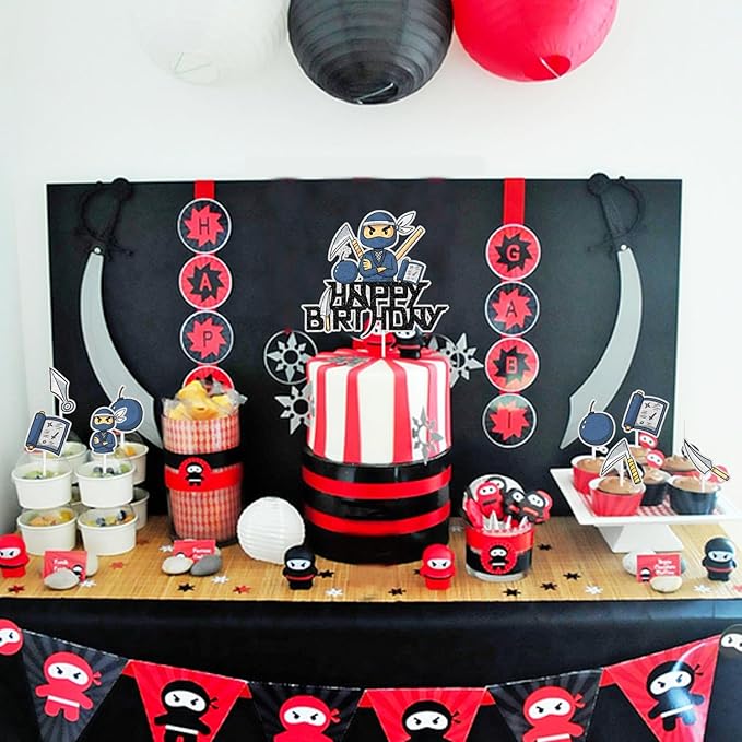 Samurai Ninja Cake Toppers, 7 Pcs Set Kids Happy Birthday Dart Decorations, Ninja Themed Birthday Party for Boys or Girls, Ninja Martial Arts Karate Party, or Baby Shower Party Decorations. SugarGera