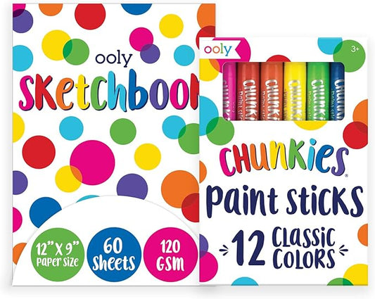 Ooly Chunkies 12 Paint Sticks For Kids, Tempera Paint Sticks Set with Sketchpad, No Mess Quick Drying Art Supplies for Toddlers and Kids