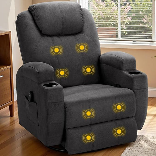 Recliner Chair, 360° Swivel Rocker Chair for Adults, Rocking Recliner Chair with Massage, Comfy Single Sofa with Side Pockets Cup Holders for Living Room, Bedroom, Nursery (Fabric, Gray)